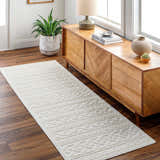 Entryway with a Fadey White 3D Washable Rug runner, wood floors, and a mid-century modern console table. Roomscene-Runner
