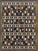 Close-up of Kade Washable Area Carpet featuring a geometric, Southwestern pattern in dark beige, sage, lambswool, and gray. Design-Rectangle-57