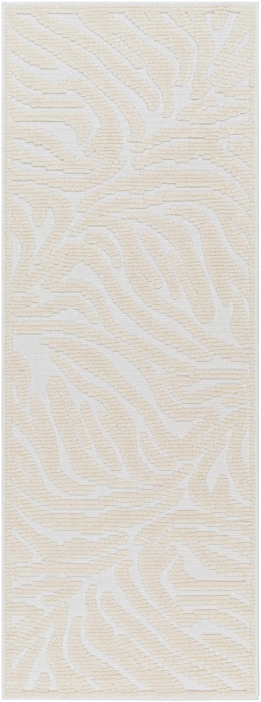 Close-up of the Keto Cream 3D Zebra Rug. Off white and bone hues create a subtle zebra pattern on this machine woven rug. Design-Runner-2772