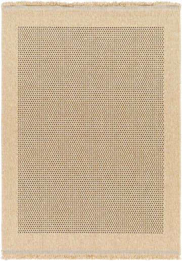 Close-up of a Bast Indoor Outdoor Rug. Camel color with a dark brown woven pattern and fringed edges. Design-Rectangle-537