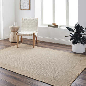 Bright living room with Endre Bone Indoor Outdoor Area Rug, woven chair, and wood accents. Roomscene-Rectangle