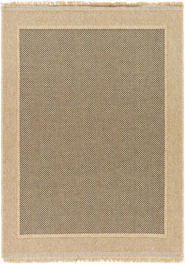 Close-up of a Giles Indoor Outdoor Rug. Tan border with fringe, brown and tan checkered pattern. Farmhouse style. Design-Rectangle-537