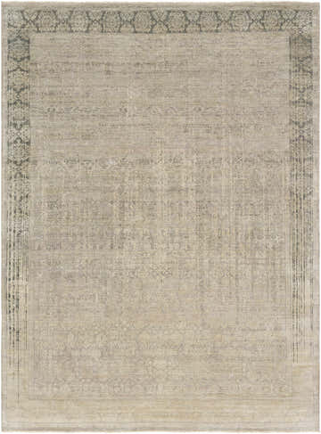 Close-up of the hand-knotted Petra 2x3 Carpet. Features dark brown, light gray, and taupe tones with a contemporary design. Design-Rectangle-810