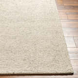 Close-up of the hand-woven Alyra Beige Solid Area Rug showing texture and color on hardwood floor. Front