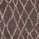 Close up of the Summerfield Area Carpet. Light gray diamond pattern on a plum, hand knotted wool rug. Swatch