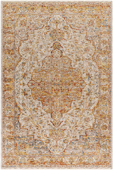 Detailed view of the Aman Beige Area Rug, featuring a traditional floral pattern in brick red, mustard, and navy. Design-Rectangle-575