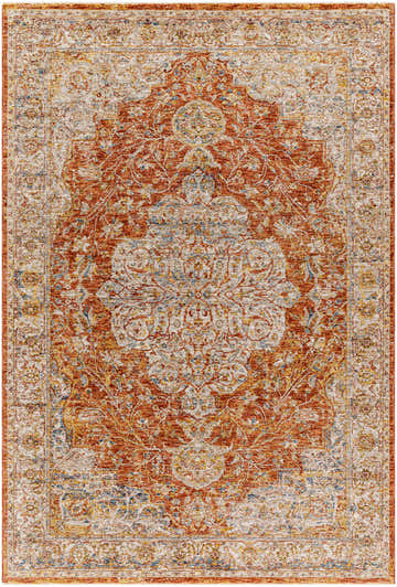Detailed view of the Aman Rust Area Rug with a traditional, ornate pattern in brick red, tan, and blue. Design-Rectangle-575