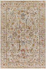 Close-up of the Asabi Tan Textured Rug with Fringes. Farmhouse style rug with brick red, burgundy, mustard, and navy floral pattern. Design-Rectangle-575