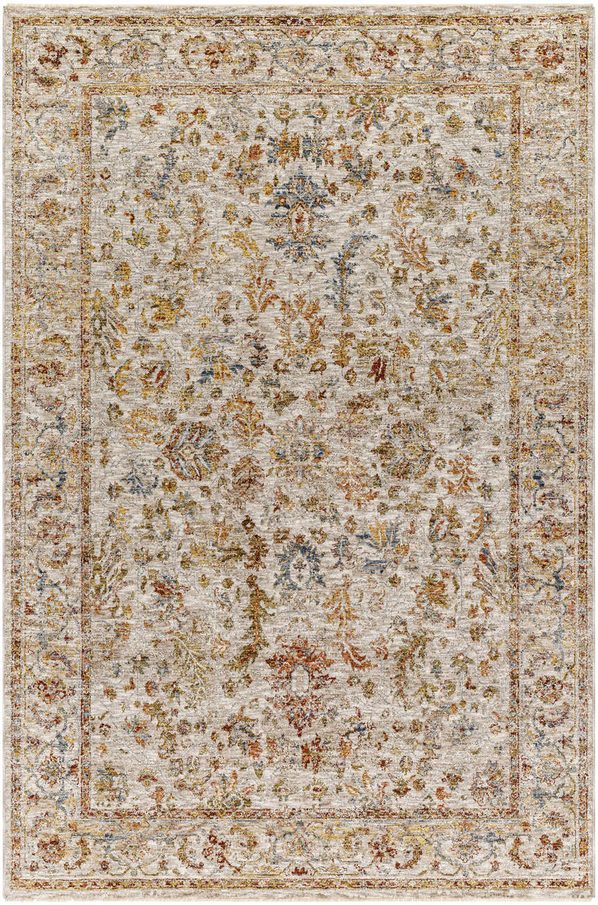 Close-up of the Asabi Tan Textured Rug with Fringes. Farmhouse style rug with brick red, burgundy, mustard, and navy floral pattern. Design-Rectangle-575