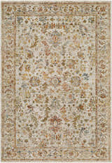 Close-up of the Asabi Tan Textured Rug. Features a traditional floral pattern in brick red, mustard, navy, and sage on a tan background. Design-Rectangle-6796