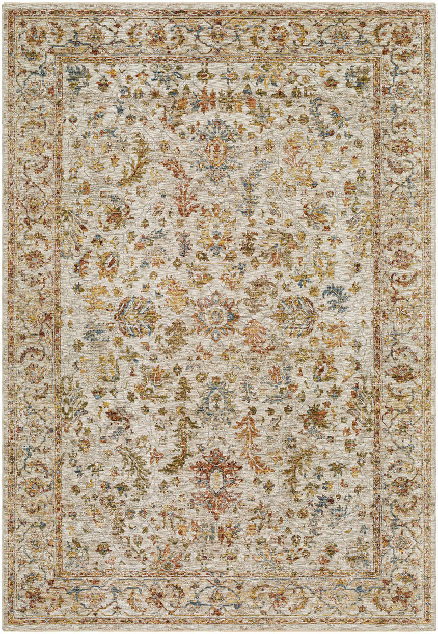 Close-up of the Asabi Tan Textured Rug. Features a traditional floral pattern in brick red, mustard, navy, and sage on a tan background. Design-Rectangle-6796