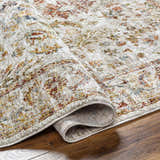 Close-up of the Asabi Tan Textured Rug showing brick red, mustard, sage, and blue floral pattern and soft, textured weave. Fold