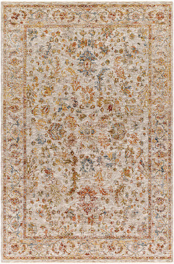 Close-up of the Asabi Beige Textured Rug with Fringes. Features brick red, burgundy, dark blue, and mustard floral patterns. Design-Rectangle-575