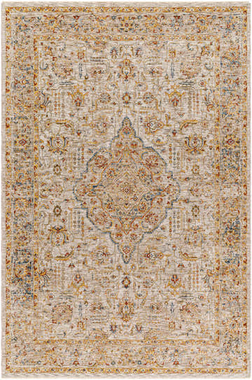 Detailed view of the Canan Textured Rug with Fringes. Beige rug with traditional floral pattern in brick red, mustard, and navy. Design-Rectangle-575