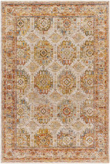 Close-up of the Crescentia Cream Textured Rug with Fringes, featuring brick red, mustard, and navy traditional patterns. Design-Rectangle-575