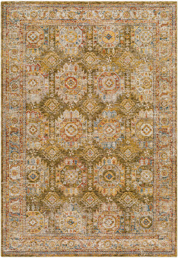 Detailed view of the Crescentia Green Textured Rug with Fringes, showcasing its traditional pattern and colors like olive, red, and blue. Design-Rectangle-6796