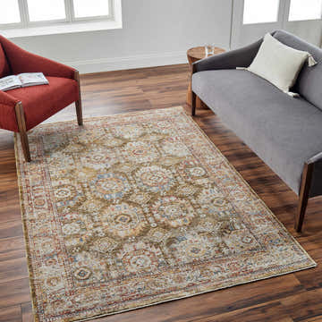 Living room scene with a Crescentia Green Textured Rug, red chair, and gray sofa on a wood floor. Roomscene-Rectangle