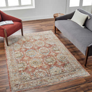 Living room scene with a Crescentia Rust Area Rug, brick red chair, and gray sofa on dark wood floors. Roomscene-Rectangle