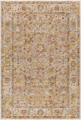 Duong Beige Textured Rug with Fringes: a machine-woven rug with brick red, mustard, and blue floral traditional pattern. Design-Rectangle-575