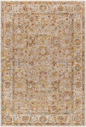 Duong Beige Textured Rug with Fringes: a machine-woven rug with brick red, mustard, and blue floral traditional pattern. Design-Rectangle-575