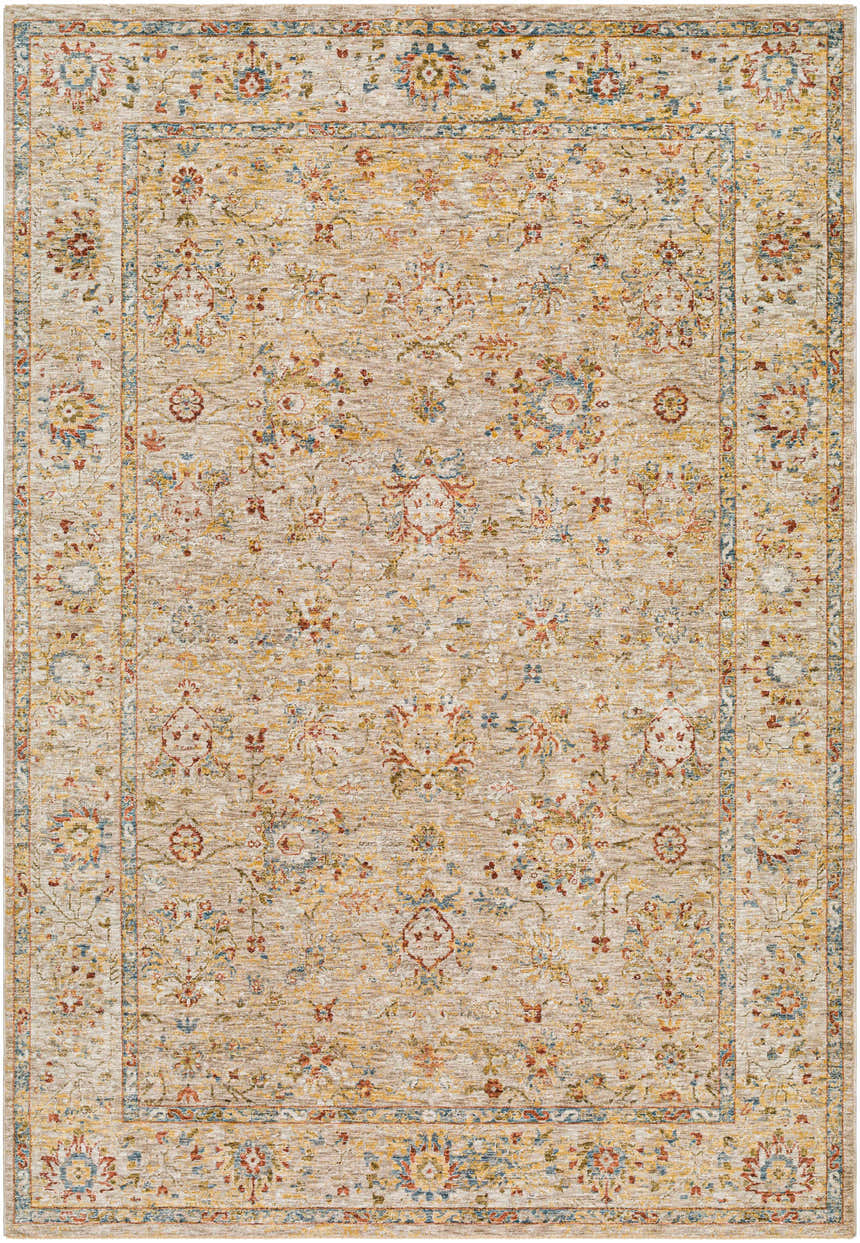 Close-up of the Duong Beige Textured Rug, a machine-woven rug with a traditional floral pattern in beige, red, blue, and yellow. Design-Rectangle-6796