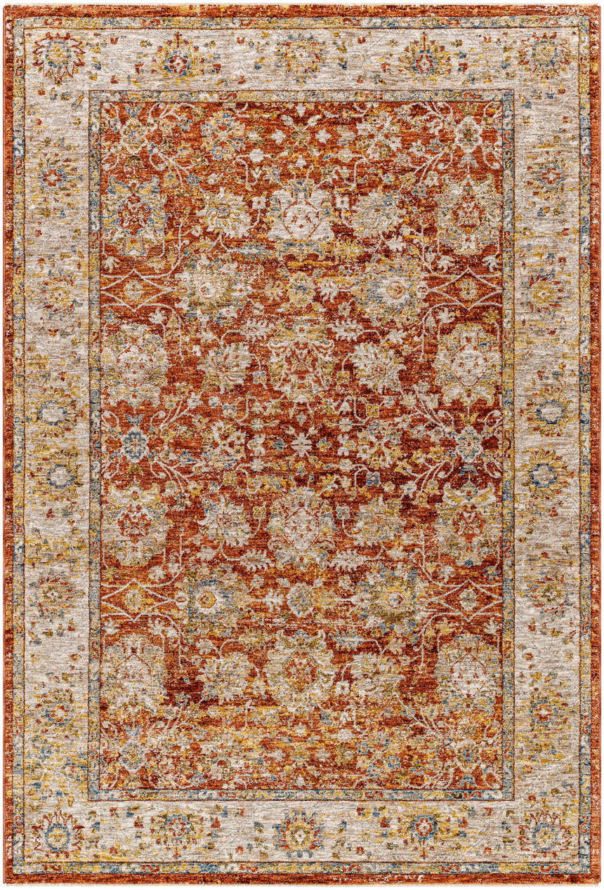 Detailed Duong Rust Textured Rug. Features brick red, tan, and blue floral patterns. Farmhouse style. Design-Rectangle-575