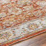 Close-up of the Duong Rust Textured Rug showing brick red, sage, mustard, and navy colors with a traditional pattern. Texture