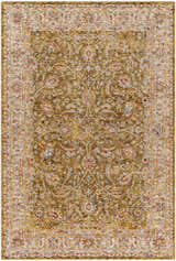 Close-up of the Dyan Green Textured Rug, featuring a traditional floral pattern in olive, mustard, and brick red. Design-Rectangle-575