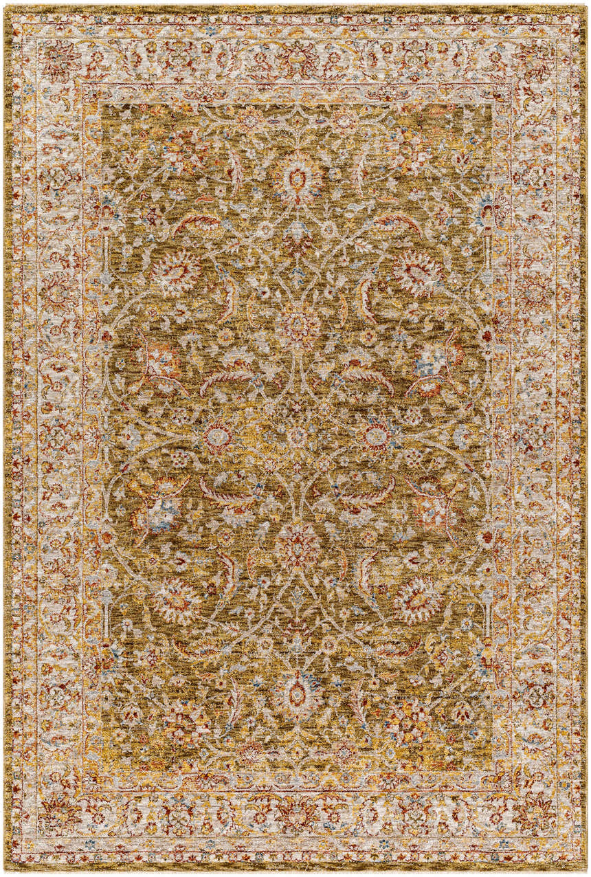 Close-up of the Dyan Green Textured Rug, featuring a traditional floral pattern in olive, mustard, and brick red. Design-Rectangle-575