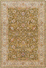 Detailed view of the Dyan Green Textured Rug with Fringes, featuring a traditional floral pattern in olive, tan, red, and blue. Design-Rectangle-6796