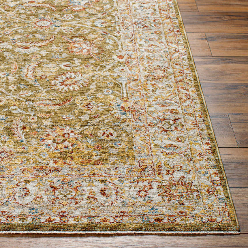 Close-up of the textured Dyan Green Rug on wood floor. Features brick red, mustard, and sage floral patterns. Front