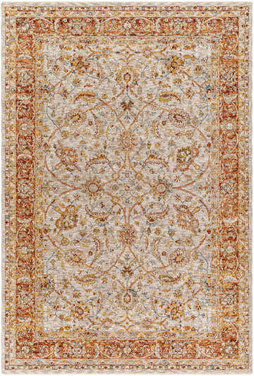 Close-up of the Dyan Cream Textured Rug with Fringes. Features a traditional floral pattern in brick red, mustard, and blue. Design-Rectangle-575