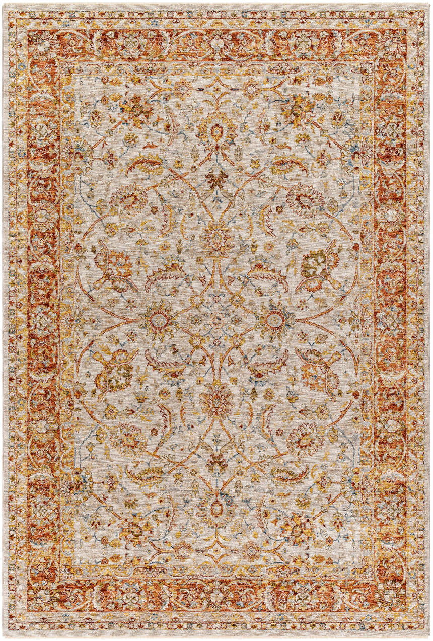 Close-up of the Dyan Cream Textured Rug with Fringes. Features a traditional floral pattern in brick red, mustard, and blue. Design-Rectangle-575