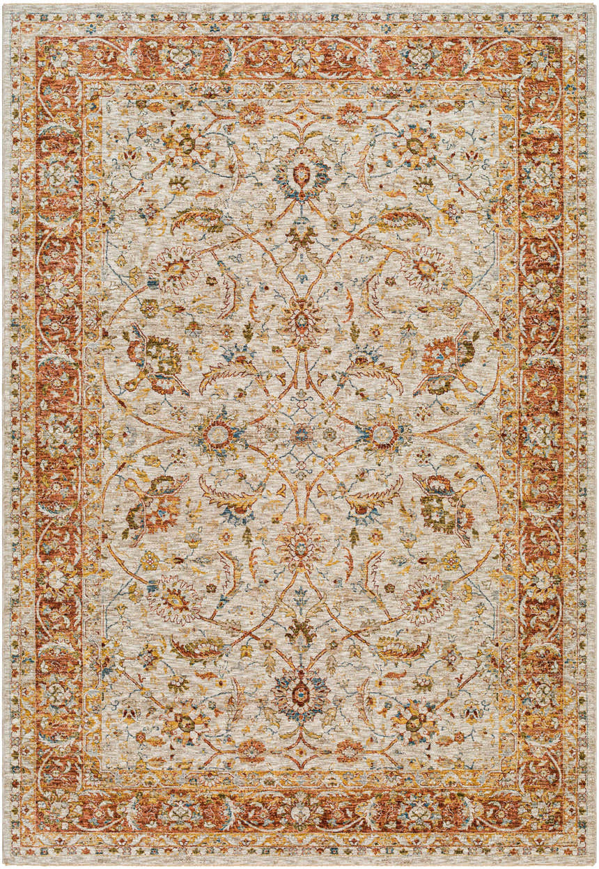 Close-up of the Dyan Cream Textured Rug, showcasing its brick red, blue, and mustard floral pattern and farmhouse style. Design-Rectangle-6796