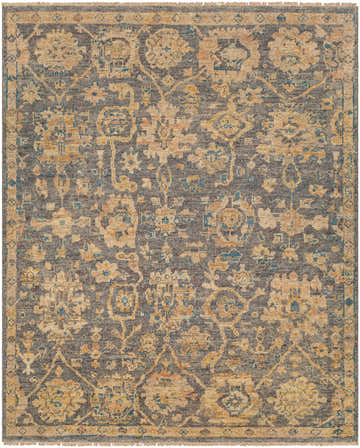 Detailed Beige Gray Amazu Area Rug with traditional floral pattern in blue, charcoal, tan, and wheat. Hand-knotted wool texture. Design-Rectangle-810