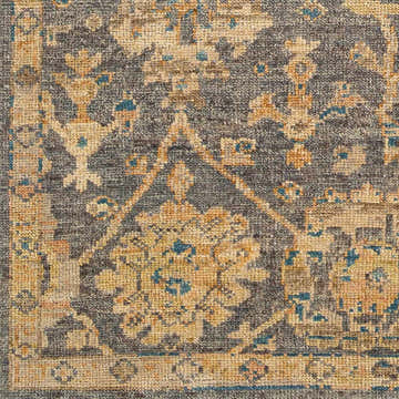 Close-up of the Beige Gray Amazu Area Rug, showcasing its traditional pattern, wool texture, and colors: gray, tan, and blue. Swatch