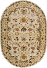 Detailed oval Smoot Area Rug in beige, brown, and blue. Hand-tufted wool rug with a traditional floral pattern. Design-Oval-69
