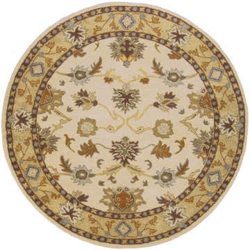 Detailed round Smoot Area Rug in light beige wool with brown, olive, and slate floral and geometric patterns. Design-Round-6