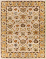 Detailed floral pattern on a beige Smoot Area Rug. Colors include brown, burnt orange, and slate blue. Design-Rectangle-7696