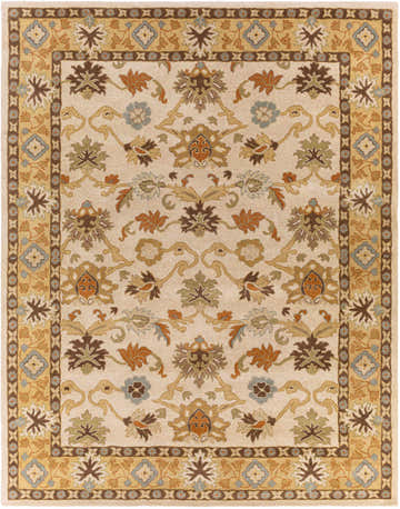 Detailed floral pattern on a beige Smoot Area Rug. Colors include brown, burnt orange, and slate blue. Design-Rectangle-7696