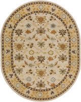 Oval Smoot Area Rug with beige background and floral pattern in brown, olive, tan, and slate blue. Hand-tufted wool rug. Design-Oval-810