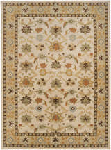Detailed floral pattern on a Smoot Area Rug. Beige background with brown, orange, and blue accents. Traditional style. Design-Rectangle-811