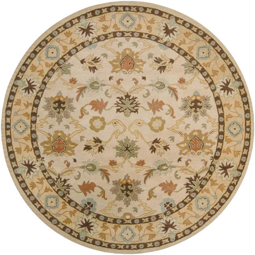 Round Smoot Area Rug with traditional floral pattern in light beige, brown, olive, peach, and slate blue. Hand-tufted wool texture. Design-Round-8