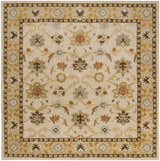 Detailed square Smoot Area Rug with a traditional floral pattern in light beige, brown, and olive tones. Hand-tufted wool texture. Design-Square-8