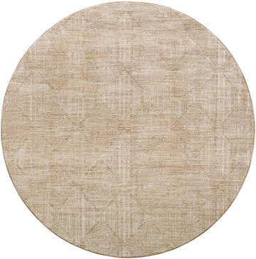 Close-up of a round Dekan Tan Area Rug. Light brown rug with a subtle diamond pattern. Design-Round-67