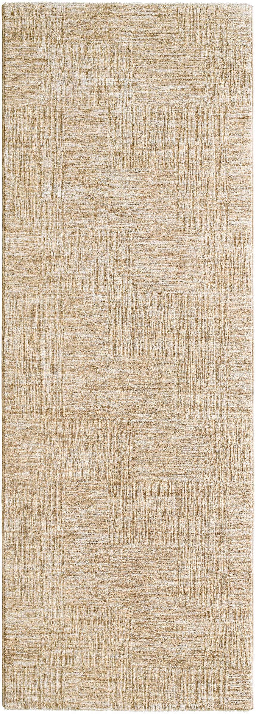 Close-up of the Goren Beige Area Rug, featuring a textured, contemporary block pattern in khaki and tan polyester. Design-Runner-2773