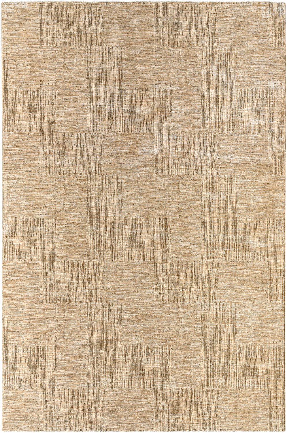Close-up of the Goren Beige Area Rug. Tan and khaki rug with a contemporary geometric pattern and textured look. Design-Rectangle-6796