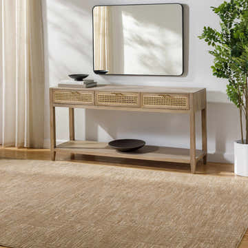 Entryway with a tan Goren Beige Area Rug, light wood console table, mirror, and potted plant. Roomscene-Rectangle