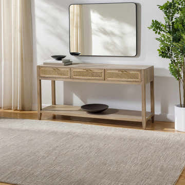 Entryway with a light wood console table and the light gray Goren Gray Area Rug. Roomscene-Rectangle