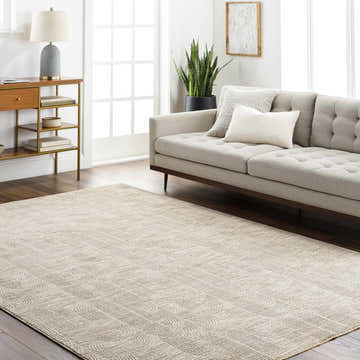 Light gray Harva area rug in a living room with a sofa, wood floors, and natural light. Roomscene-Rectangle